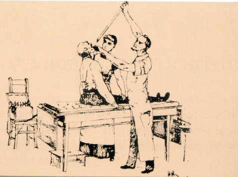 ▲그림 4. Kussmaul이 경성 위내시경을 삽입하고 있는 모습. 초창기의 검사시간동안 환자는 앉아서, 나중에는 눕혀서 시행하였다.
