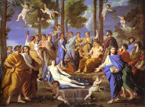 ▲그림 3. 푸생 작: ‘아폴로와 무사이’(1631-32), 마드리드, 프라도 미술관